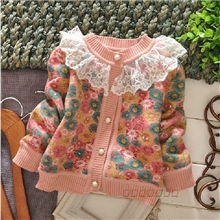 韩版宝宝秋冬新款圆领蕾丝女童开衫外套儿童羊绒衫抓绒小中童外套