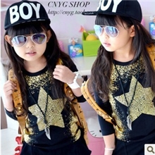 爱尚坊童装批2013儿童男童女童秋装烫金圆铆钉星星长袖圆领T恤B