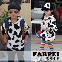 冬新款男女童黑白奶牛立体耳朵连帽长袖蝙蝠珊瑚绒卫衣童装批发