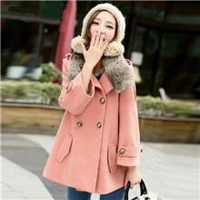 秋冬新品韩版兔毛领双排扣毛呢外套女中长款呢大衣斗篷女装呢子