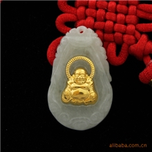 金镶玉A货翡翠+千足金佛像吊坠项饰