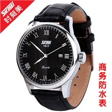 时刻美正品男士经典商务真皮带石英表新款时尚防水日历手表9058