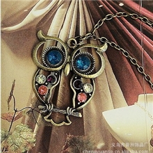 厂家供应58普洲饰品批发复古彩钻可爱猫头鹰项链毛衣链批发