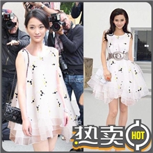 2013夏新款周迅明星同款大摆无袖娃娃蓬蓬裙欧根纱花朵刺绣连衣裙