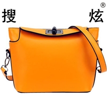 韩范儿定型水桶包手提单肩斜跨小包油边彩色背包简单大方转锁包
