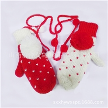 桃心球球包指手套挂脖挂绳双层保暖针织毛线手套保暖毛线手套