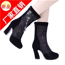专柜正品单靴女靴厂家批发2013春秋新款粗跟高跟蕾丝镂空靴子流苏