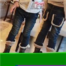 2013秋冬新款女童装加厚加绒毛毛翻边口袋牛仔裤靴裤子童裤批发