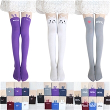 彩色假大腿印花袜萌猫咪恶魔兔子假高筒丝袜糖果色天鹅绒连裤袜