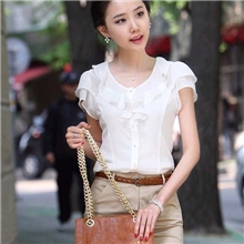 樵JIAO特批夏装胖MM大码雪纺圆领荷叶边短袖衬衫女式衬衫