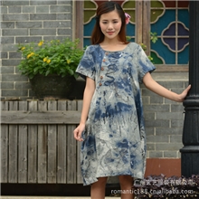 玄艺亚麻连衣裙大码短袖连衣裙原创女装牛仔裙连衣裙印花短袖女裙