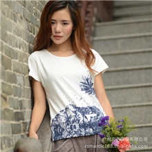 玄艺民族风短袖t恤女印染t恤女短袖圆领t恤女式t恤批发纯棉棉t