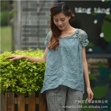 玄艺夏装新款女装亚麻上衣批发女士上衣大码露肩上衣亚麻水溶衫