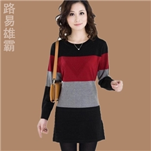 春秋新款中年女士中长款羊绒衫韩版条纹修身打底毛衣裙批发代发