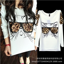 韩版秋季新款戴豹纹眼镜的小猫个性玩味T恤女士打底衫长袖