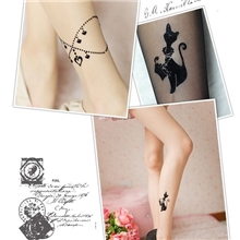 出口原单专柜299元爆款植绒纹身袜刺青袜连裤袜脚链，猫咪款