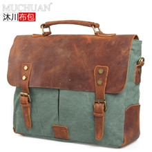 沐川布包帆布配真皮欧美复古邮差包单肩斜挎包手提公文包
