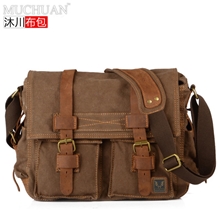 沐川布包批发欧美复古帆布配疯马皮男女士单肩休闲挎包邮差包