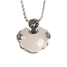 民族风泰银白猫眼玉髓祥云长命锁项链女925纯银锁骨链吊坠配件