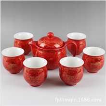 红色红釉茶具婚庆茶具套装7头双层红双喜婚庆整套茶具