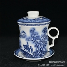 供应茶杯白色青花瓷杯江南山水蓝彩陶瓷茶杯特价釉中风景茶杯