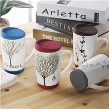 厂家供应韩式田园风陶瓷杯植物马克杯创意杯子带盖杯