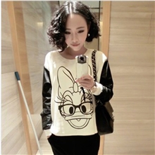 2013冬装新品3613#女装独家定制绝美拼皮袖印花唐老鸭长袖卫衣