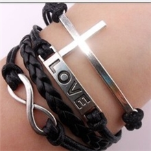手工制作love横牌浪漫密码十字架皮绳彩色蜡绳四层手链古银