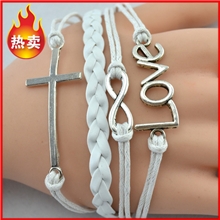 古银皮绳蜡绳四股编织love十字架8字歐美时尚新款编织手链批发