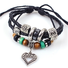 编织手链木珠串珠合金配件小爱心多层手链复古手链皮绳手链