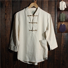 日系古着民族风七分袖中国民族风麻绳一字扣七分袖棉亚麻衬衫男
