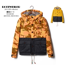 批发2013日系实拍御寒精品工装款迷彩布呢料拼接彩绳棉衣D059