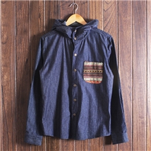 日系原单2013秋冬男装口袋袖子肘部民族风拼接牛仔衬衫男