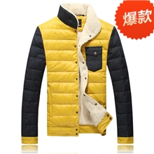 男士新款羽绒服厂家时尚立领撞色韩版修身羊毛牛仔拼接加厚外套
