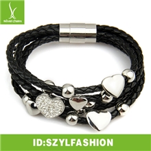 钢+PU+AAA钻手链批发五条编织白钢扣头心形皮手链pu皮钛钢