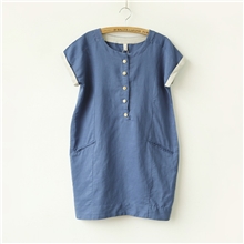 303-0038日单文艺五粒开扣假开袋卷边袖水洗棉麻灯笼式连衣裙二54