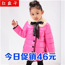 红盒子女童棉袄蝴蝶结纯色毛领儿童棉衣外套冬季加厚棉袄批发
