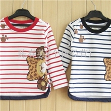 【青岛外贸童装】9.19）2013冬款小熊加绒条纹打底衫T恤-3色