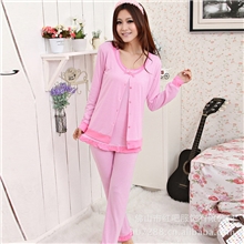 一件代发春秋冬睡衣家居服爆款弹力棉三件套条纹三件套睡衣批发