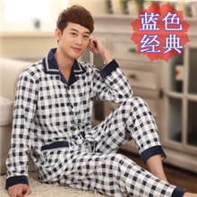 春秋季蓝色格子睡衣男士长袖纯棉家居服套装XXXL加肥加大码全棉男