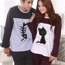 批发秋装新品猫吃鱼长袖情侣睡衣秋冬可爱卡通休闲韩版居家服套装