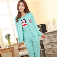 厂家批发春秋季新款女士式长袖可爱猴纯色三件套睡衣家居服套装