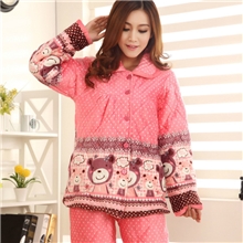 厂家批发冬款棉衣保暖女士长袖加绒加厚法兰绒睡衣夹棉家居服