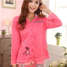 批发秋冬新款女士长袖睡衣可爱翻领草帽女孩纯棉睡衣家居服套装