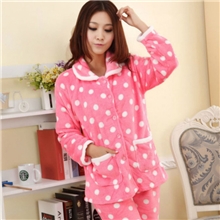厂家批发爆款秋冬季加厚开衫可爱女士圆点珊瑚绒套装睡衣家居服