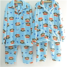 爆款韩版法兰绒情侣睡衣套装pink家居服加厚保暖外贸翻领开衫