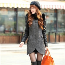 秋冬新款韩版气质女装修身圆领皮质袖中长款毛呢女式外套大衣