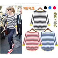 新款条纹燕尾打底衫女式韩版修身圆领长袖T恤海军条纹衫