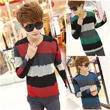 秋冬新款韩版加绒加厚长袖条纹T恤男装批发V领男士t恤打底衫潮