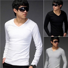 可定制新款V领修身白色纯色纯棉男士长袖T恤男T恤批发打底衫厂家